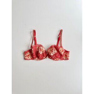 LEJABY Red Orange Yellow Floral Lace Seashell Charm Demi Bra, Size 34C